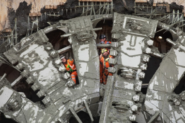 TBM crew wave through the cutter head after the breakthrough of Florence - image: HS2