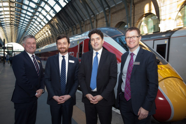 From left to right: Paul Boyle, LNER; Toufic Machnouk, Network Rail; Huw Merriman, rail minister; David Horne, LNER.