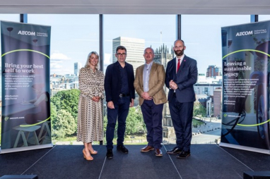 L to R: Jo Atkinson, HR Director - Europe and India at AECOM, Mayor of Greater Manchester Andy Burnham, AECOM Europe and India Chief Executive Colin Wood, Paul Dennett, elected City Mayor of Salford