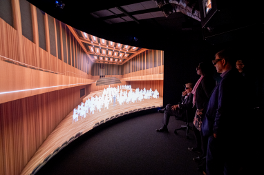 Surrounded by 26 speakers and facing a six-metre curved screen, users of Arup's ExperienceLab can experience their designs, using stereo head-tracked projection.