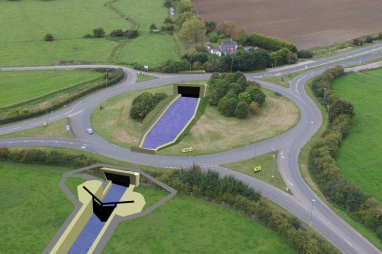 Artists impression of what the A38/A419 roundabout will look like with the new canal running through it