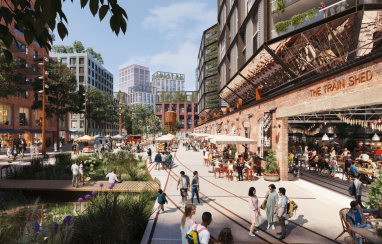 CGI of a new city square in the Earls Court redevelopment draft masterplan.