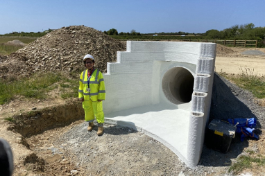 Bhavika Ramrakhyani, head of materials at Costain, and the 3D printed headwall on the A30