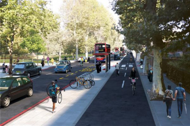 CGI of the proposed new cycleway from Hackney to the Isle of Dogs. Image courtesy of TfL.