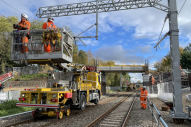Network Rail engineers carry out wiring work on the Midland Main Line