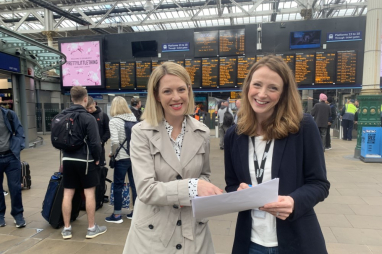 Scottish government transport minister Jenny Gilruth, left, and Laura Mayne from Network Rail announce electrification of Fife lines.
