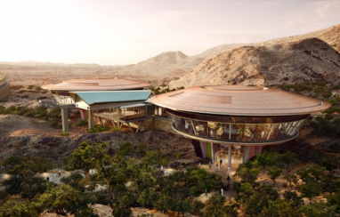 Oman Botanic Garden visitors' centre pavilions and cable car structure. 