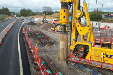 Piling rig at work on the site of the A43 overbridge - image: HS2