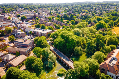 Atkins secures Surrey County Council highways contract. Image shows an aerial view of Leatherhead, a town in the Mole Valley District of Surrey.