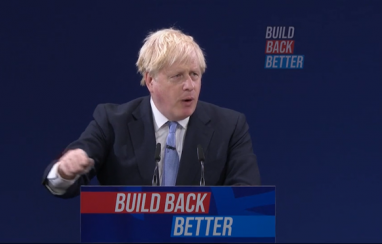Prime minister Boris Johnson delivering his speech at the end of the Conservative Party conference in Manchester.