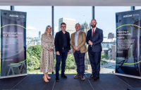 L to R: Jo Atkinson, HR Director - Europe and India at AECOM, Mayor of Greater Manchester Andy Burnham, AECOM Europe and India Chief Executive Colin Wood, Paul Dennett, elected City Mayor of Salford