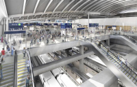 HS2. Old Oak Common station. CGI interior view of concourse and platforms.