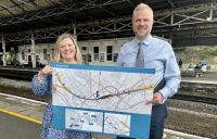 Neil Holm, right, Transpennine Route upgrade director with Hannah Lomas, principal programme sponsor, at Huddersfield station.