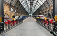 Trains line-up on the new Kings Cross platforms. l-r; Thameslink, Hull Trains, Grand Central and LNER.