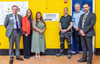 Willmott Dixon’s new drylining academy at HMP Lincoln. From left to right, Matt Spencer (HMP Lincoln’s Governor), Head of Foundation Sarah Fraser, Willmott Dixon social value manager Shelley Williamson, Vince Pickett, the drylining academy tutor at the prison, Nick Heath, Willmott Dixon Director for East Midlands and Terry Pagram, Head of Reducing Reoffending at HMP Lincoln.