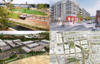 Civic Engineers projects 2022, clockwise from L-R, Mayfield Park, Manchester; Cannonmills, Edinburgh; Pinewood/Shepperton, London; Better Queensway, Southend-On-Sea