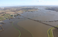 Flooding of railway line near Drax power plant.
