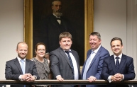 The Bazalgette Tunnel team: from left, Andrew Freeman (DIF), Vanessa Menzies (Allianz Infrastructure), Alistair Ray (Dalmore Capital), Martin Baggs (Thames Water), Gavin Tait (Amber Infrastructure) at the Institution of Civil Engineers, London